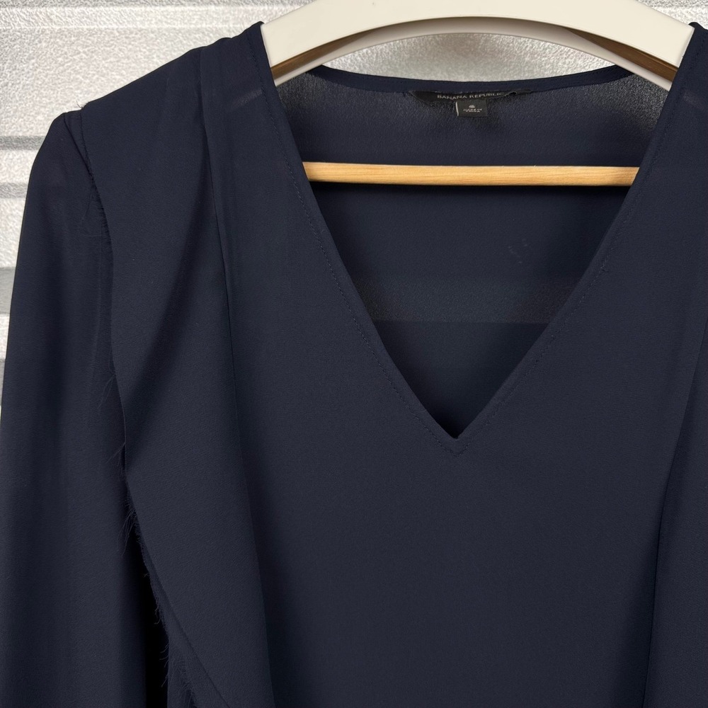 Banana Republic Navy Blue Chiffon Ruffle Front V-Neck Long Sleeve Blouse Size S - Picture 5 of 12